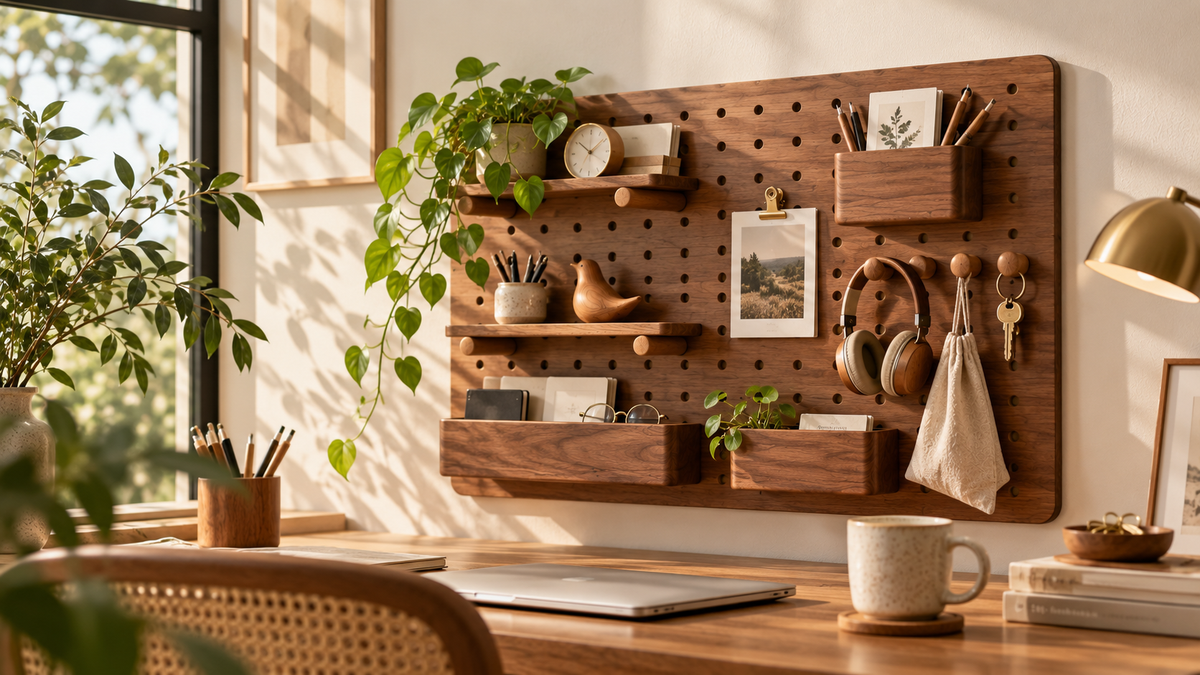 Modular Wooden Desktop Pegboard Organizer